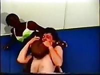 Ebony girl takes down weak Belgian guy in wrestling